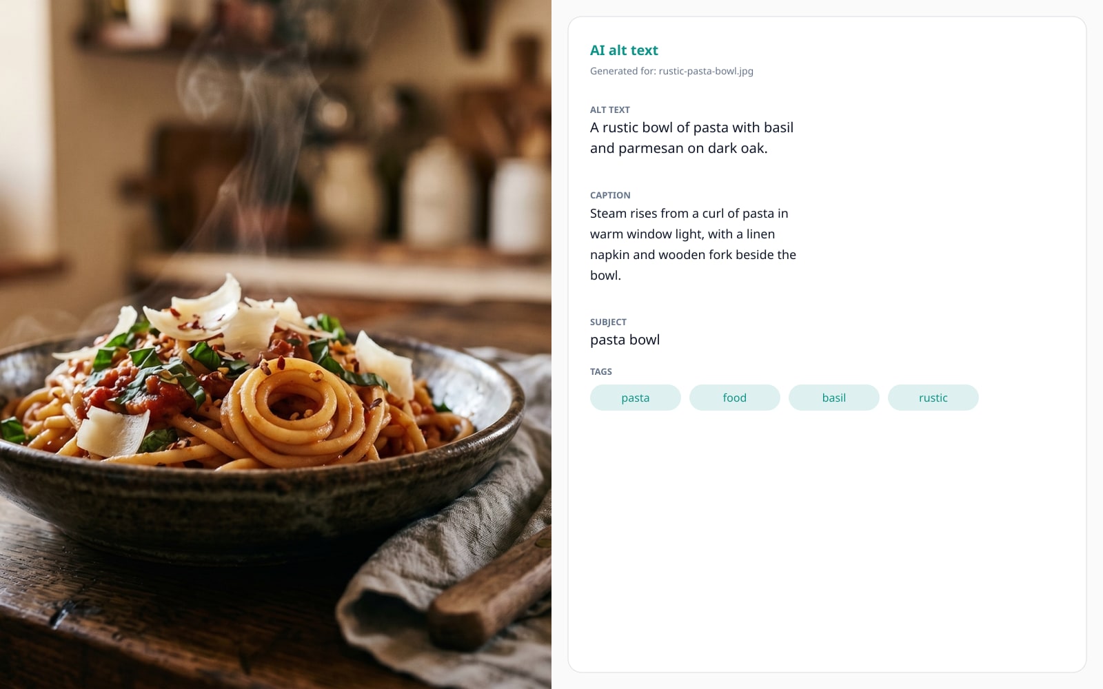 A pasta photograph alone, then the same photograph beside a generated alt text, caption, filename, and tag list.