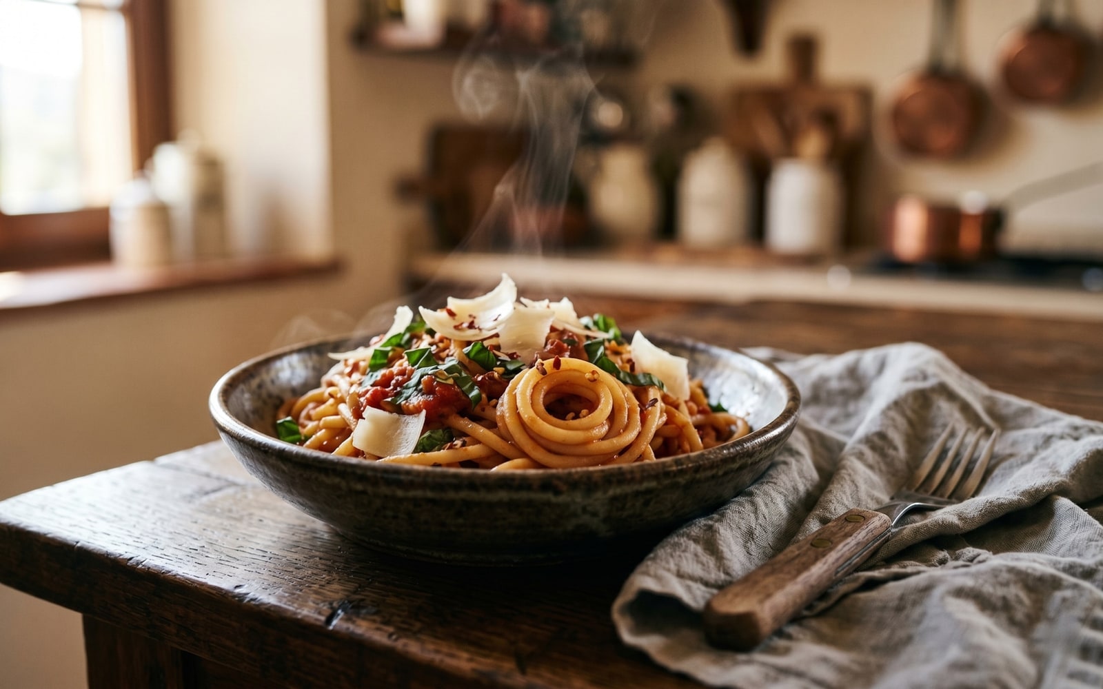 A pasta photograph alone, then the same photograph beside a generated alt text, caption, filename, and tag list.