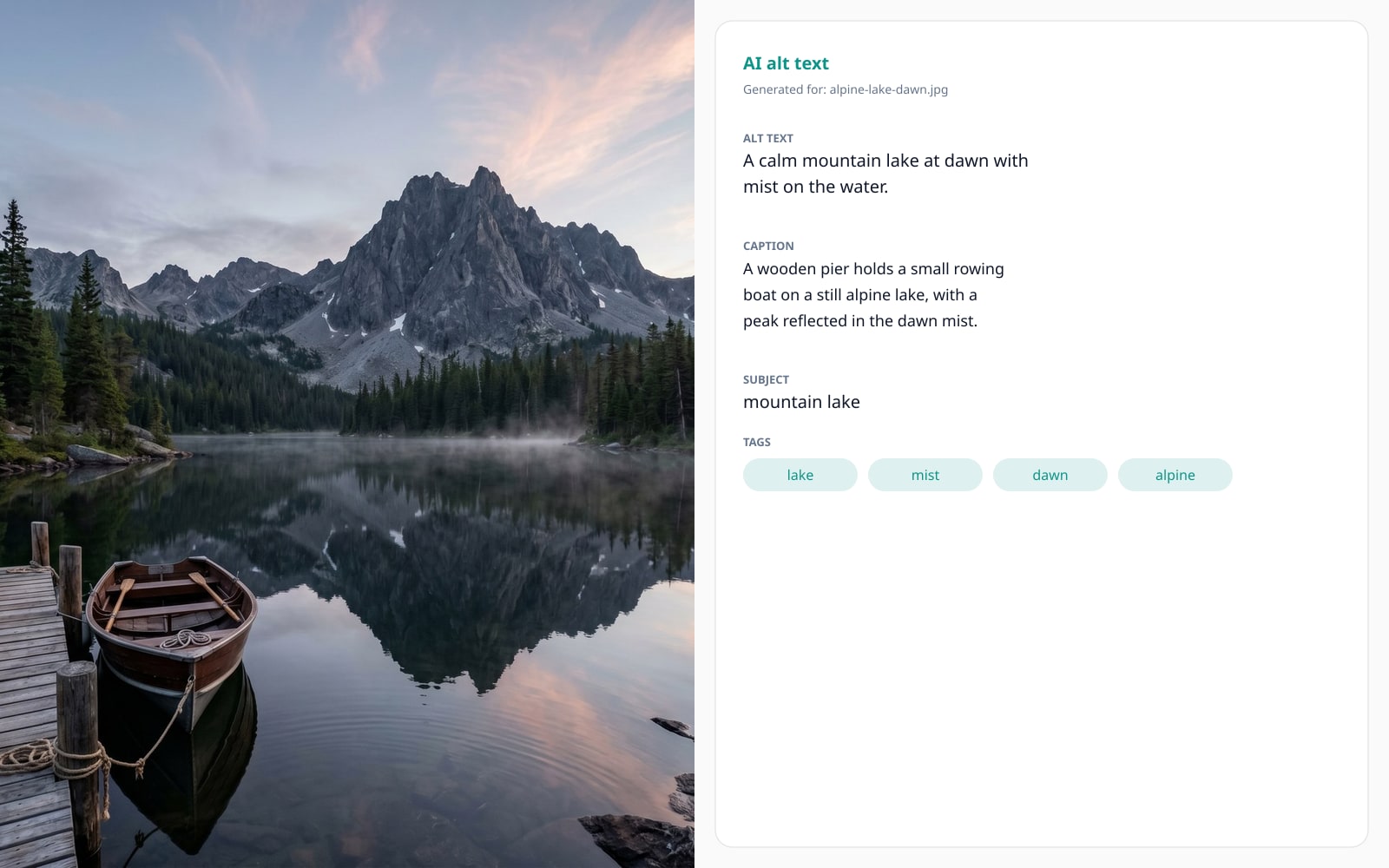 A landscape photograph paired with a 125-character alt text, a two-sentence caption, an SEO filename, and four keyword tags.
