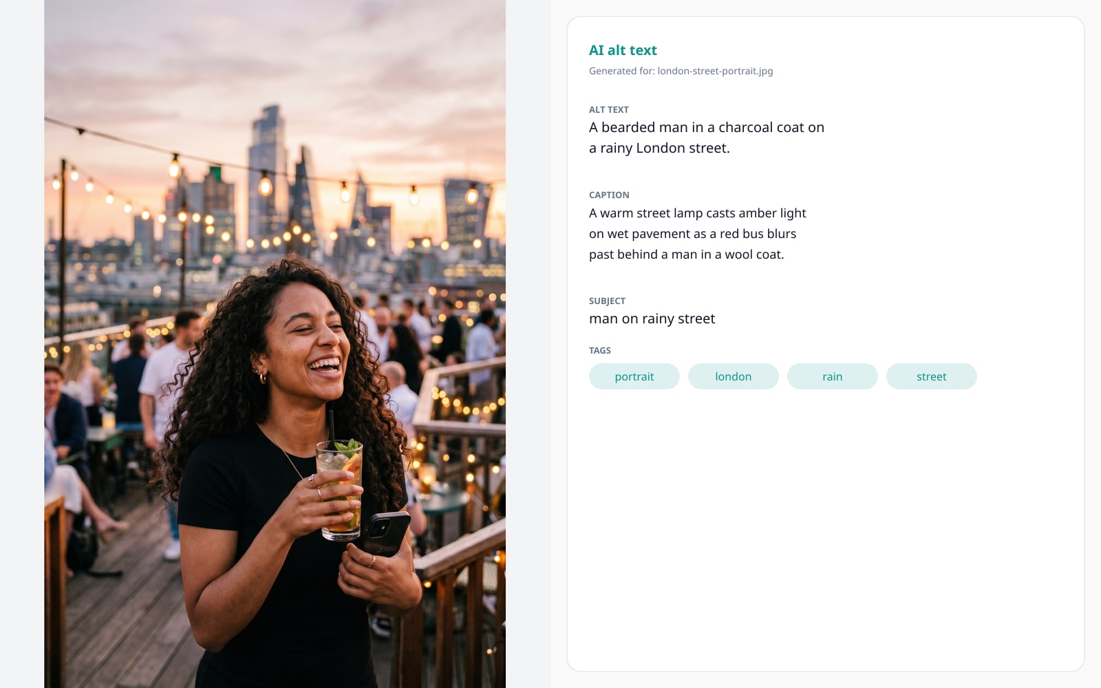 A street portrait shows the same five editable fields you can copy straight into your CMS.