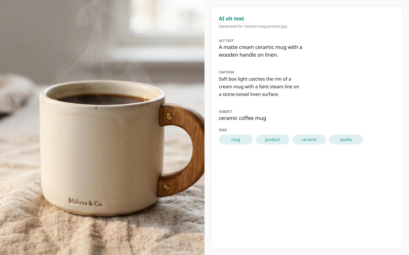 A studio product shot returns a kebab-case filename and product-friendly tags for the asset library.