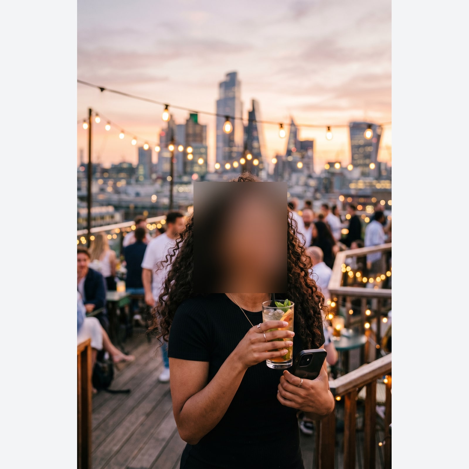 A portrait of a woman in an apron before redaction and the same portrait with her face pixelated after.
