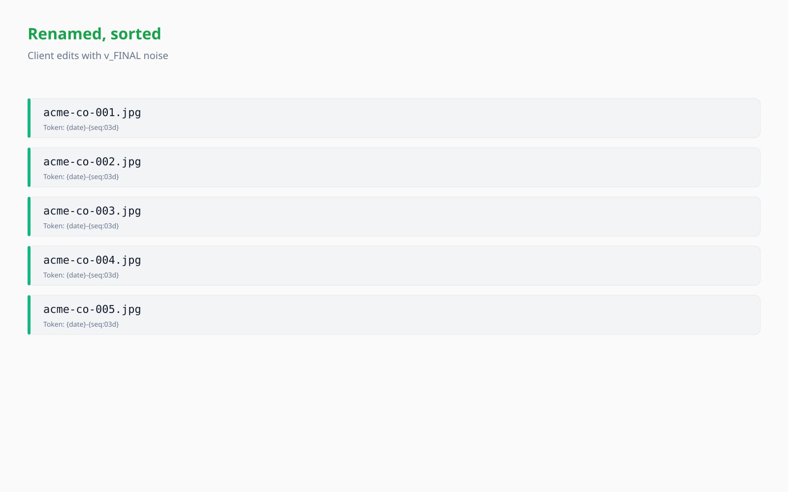 Final, _v6_use_this, and approved drafts rolled into a clean acme-co batch with no v-FINAL noise.