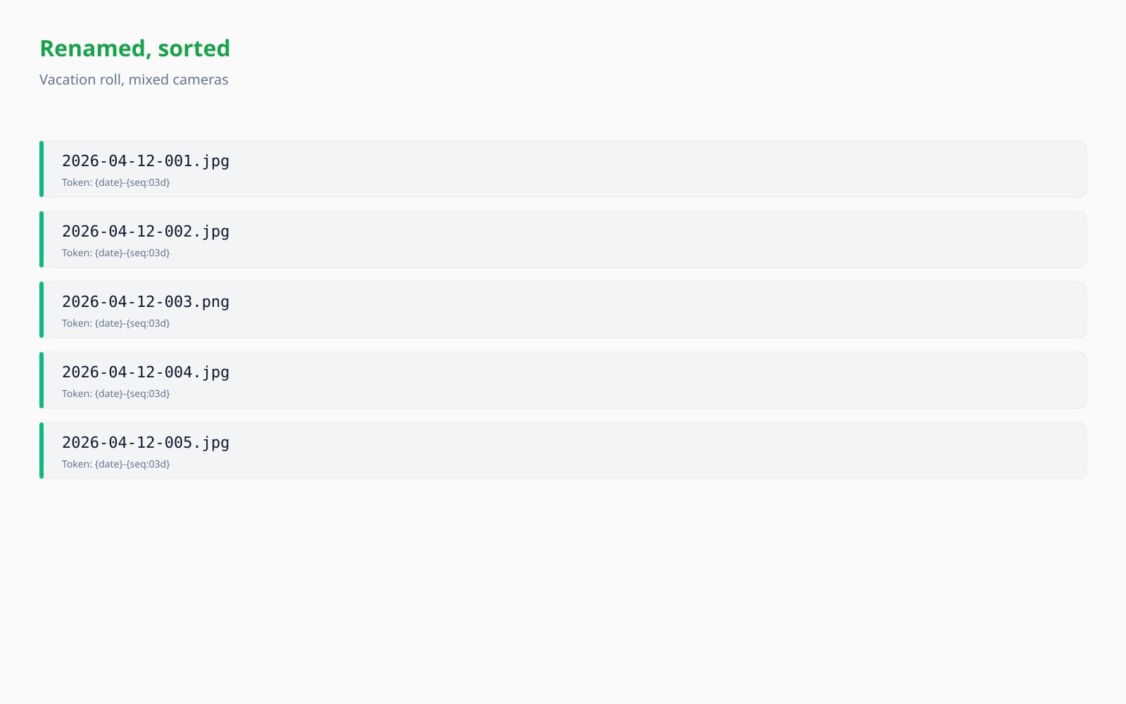 Five messy camera-default filenames before, the same five renamed to a clean date-and-sequence pattern after.