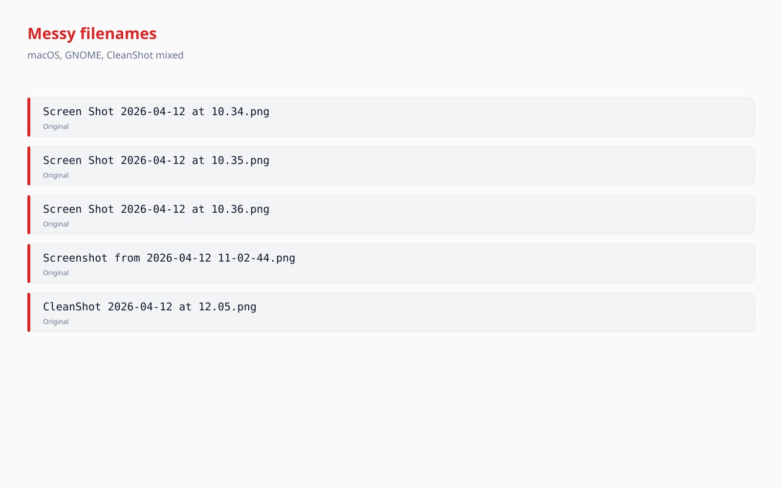 Mixed macOS, GNOME, and CleanShot screenshot names normalised into a single date-stamped sequence.