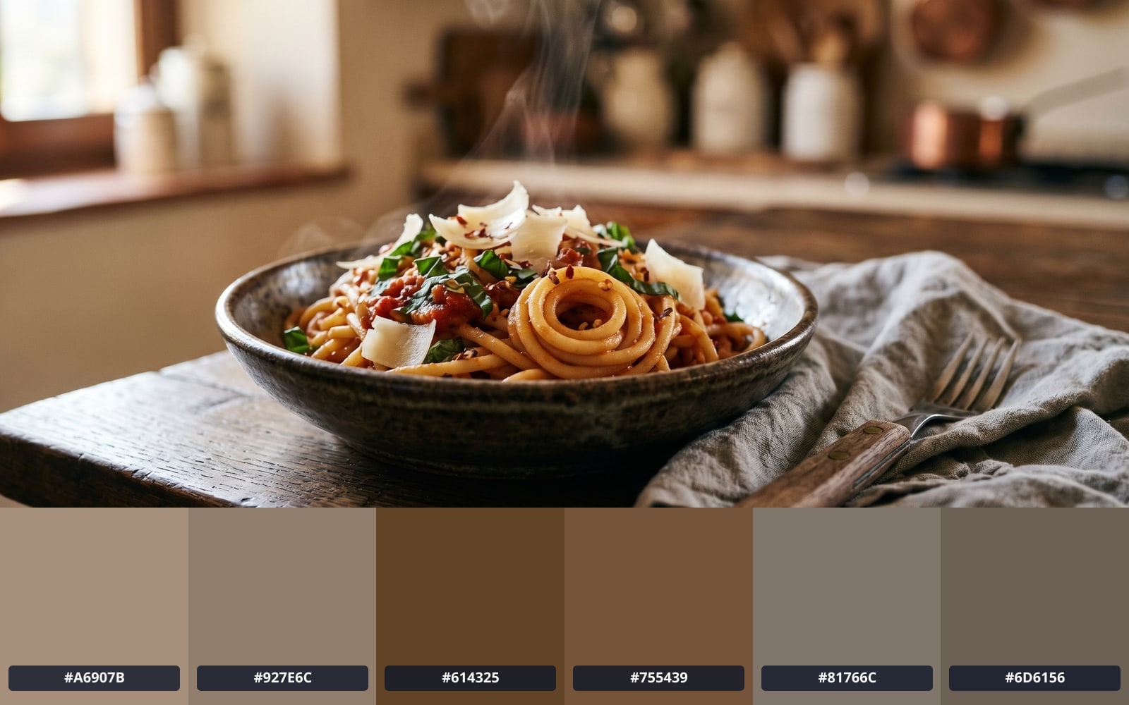A rustic pasta photograph alone, then the same photograph with a six-colour palette row drawn beneath it.
