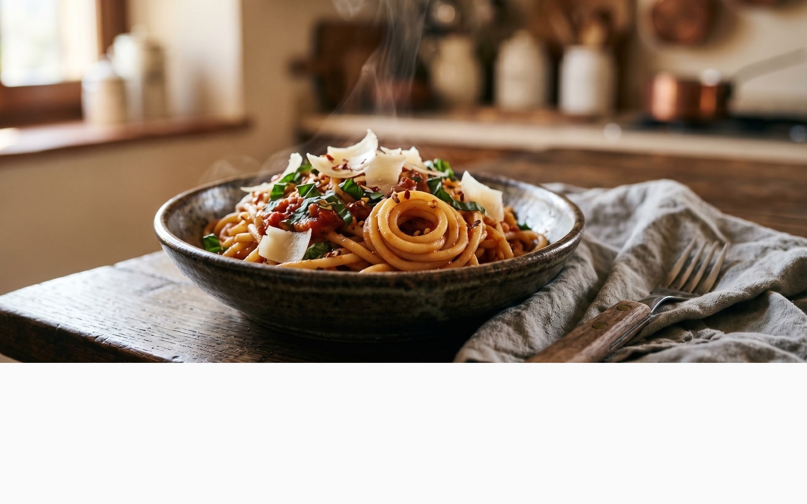 A rustic pasta photograph alone, then the same photograph with a six-colour palette row drawn beneath it.