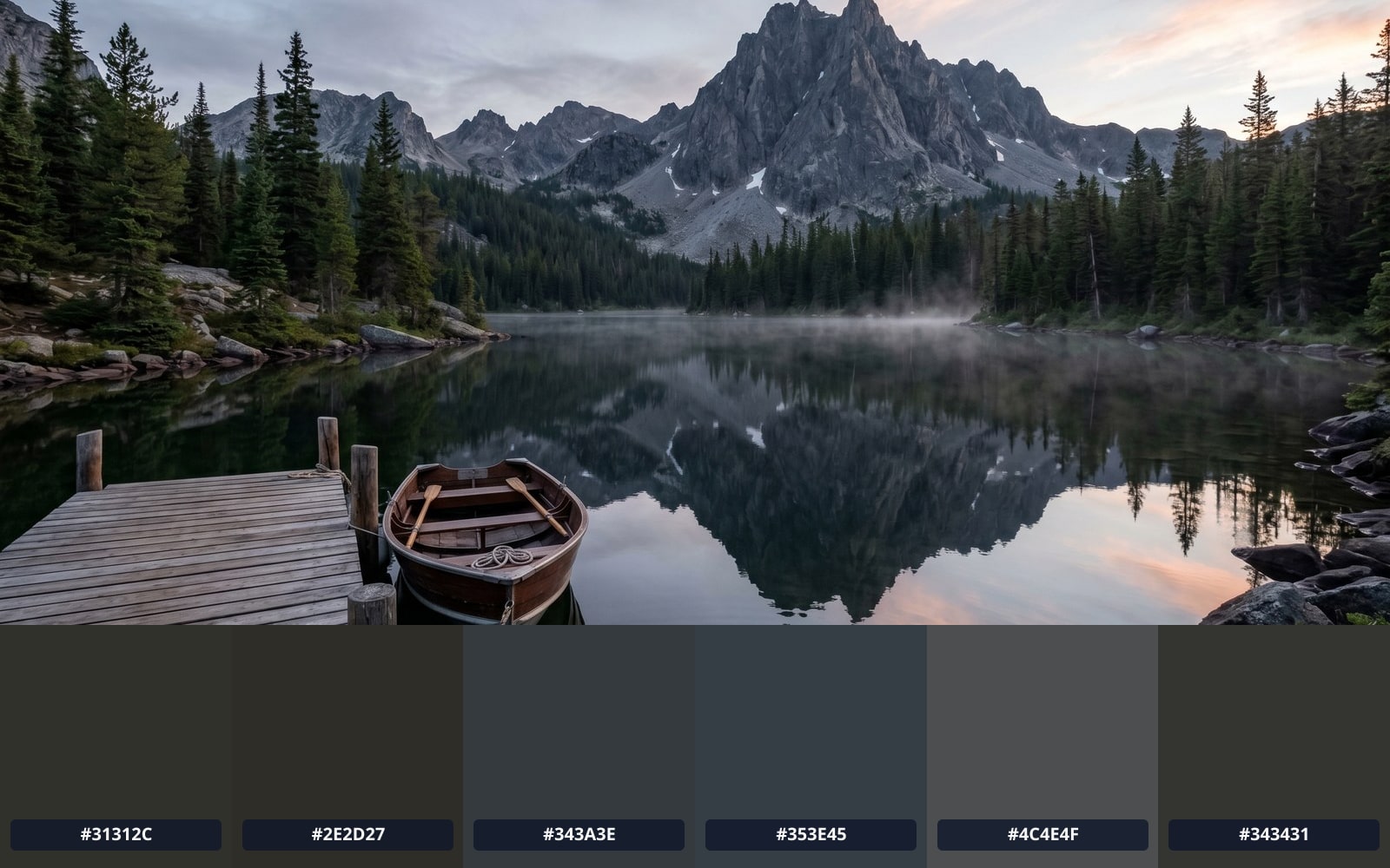 A dawn mountain lake pulls cool slate, pine green, and pale peak pink into a print-ready palette.