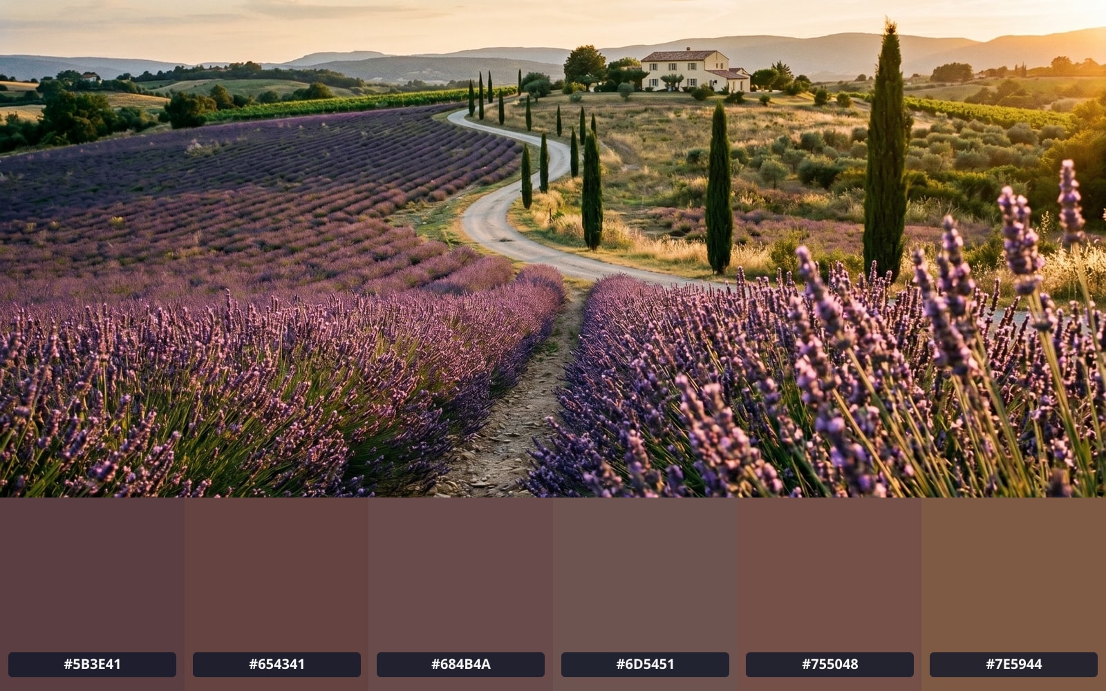 A Provence lavender field gives a warm purple and golden-wheat palette in six swatches with hex codes.