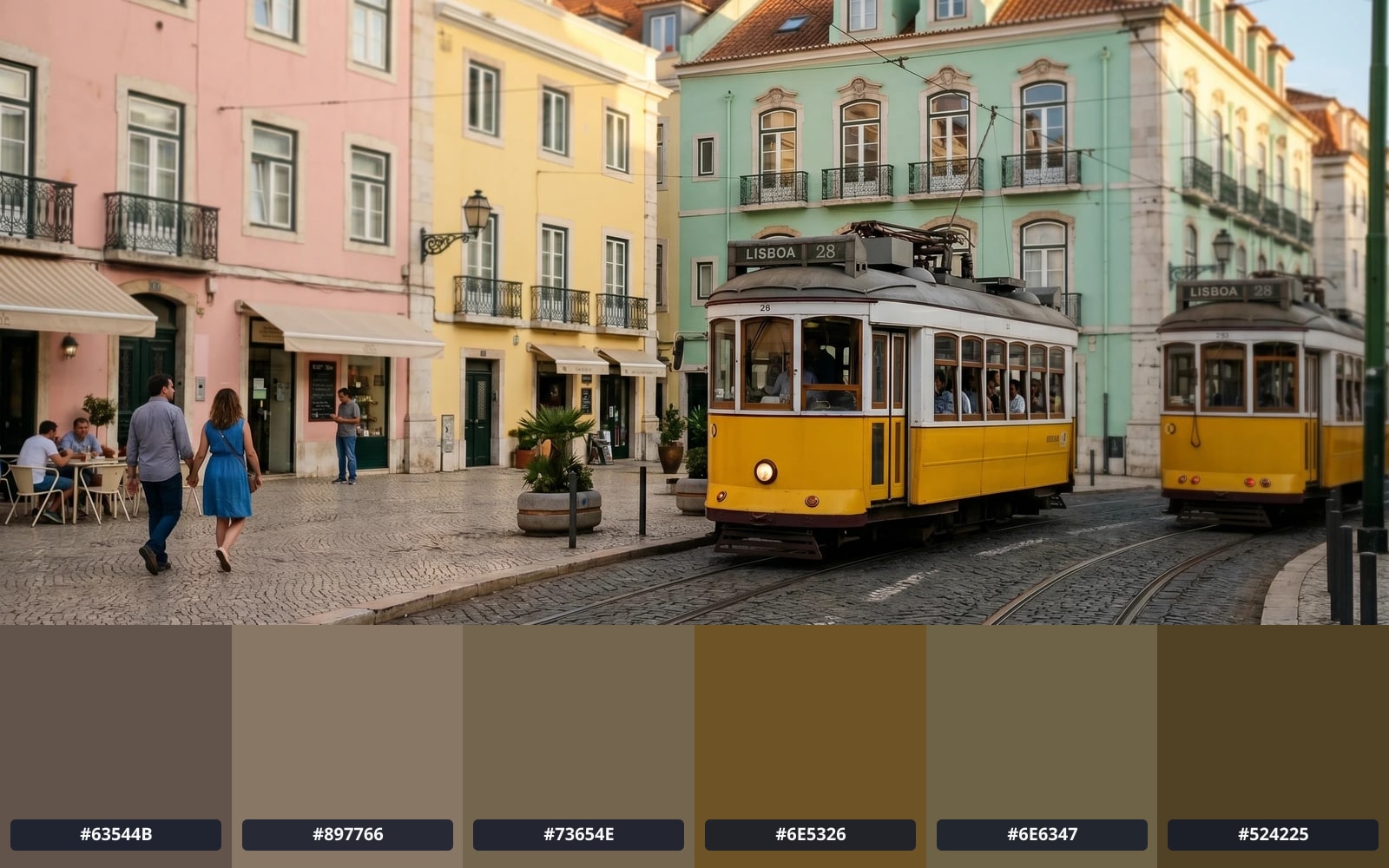 A Lisbon plaza scene returns pastel pink, butter yellow, and mint pulled straight from the building facades.