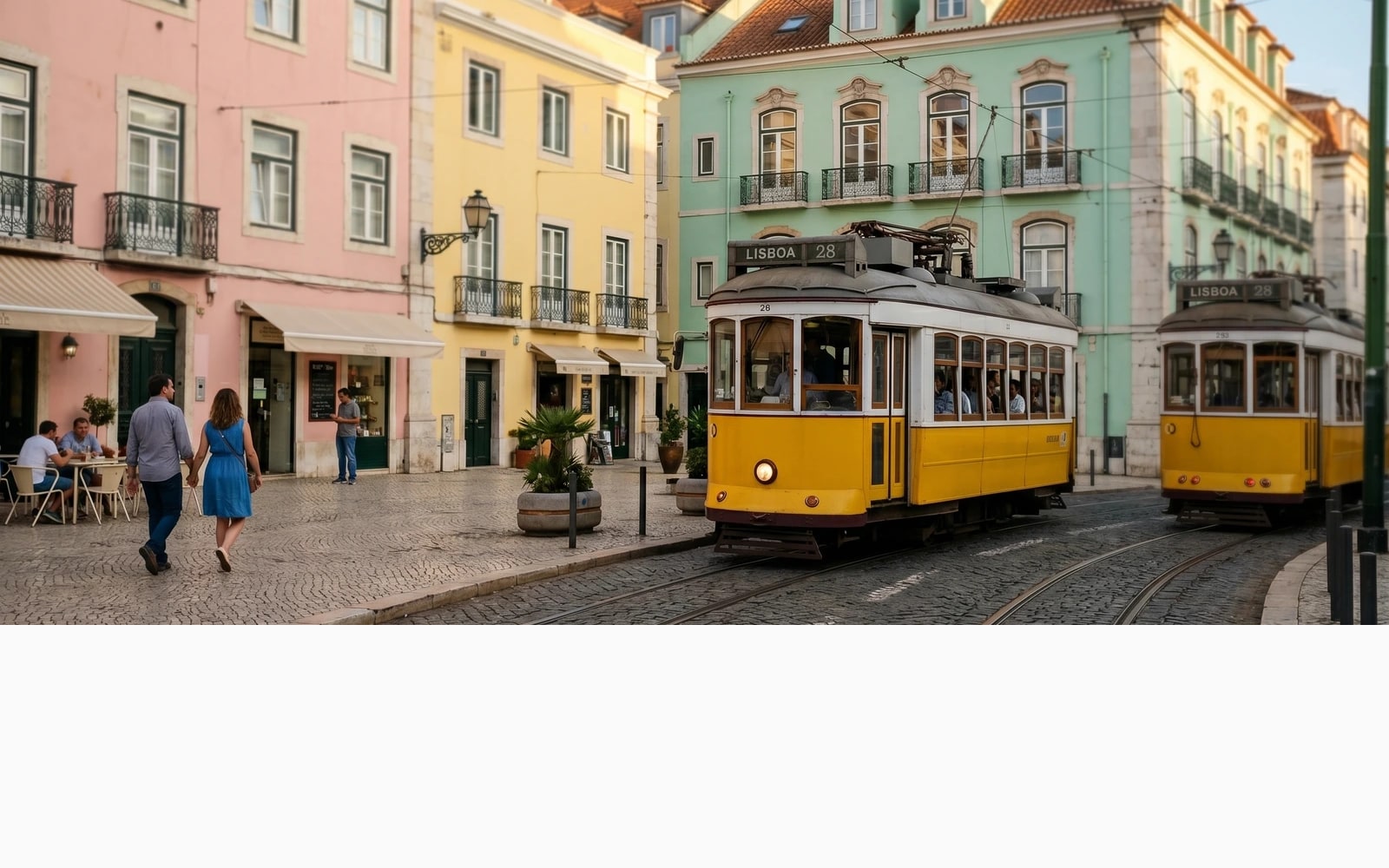 A Lisbon plaza scene returns pastel pink, butter yellow, and mint pulled straight from the building facades.