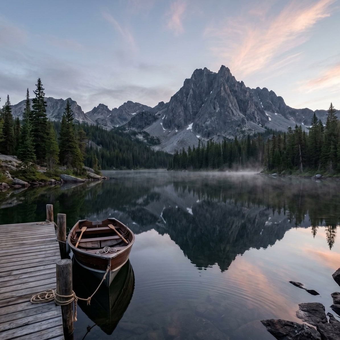 A wide mountain-lake photograph before and the same scene cropped to a 1:1 square after.