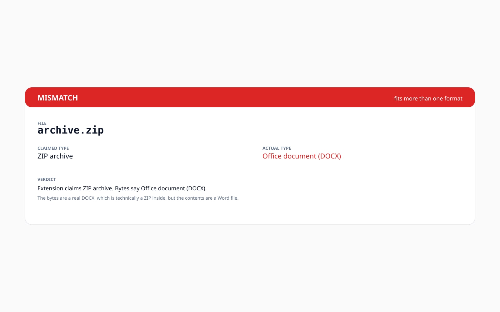 A file labelled archive.zip turns out to be an Office document. The check shows what the bytes really say.
