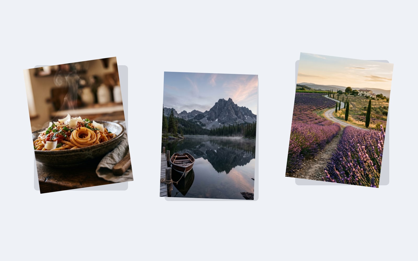 Three loose photographs scattered on a desk, then the same three combined into a single PDF page.