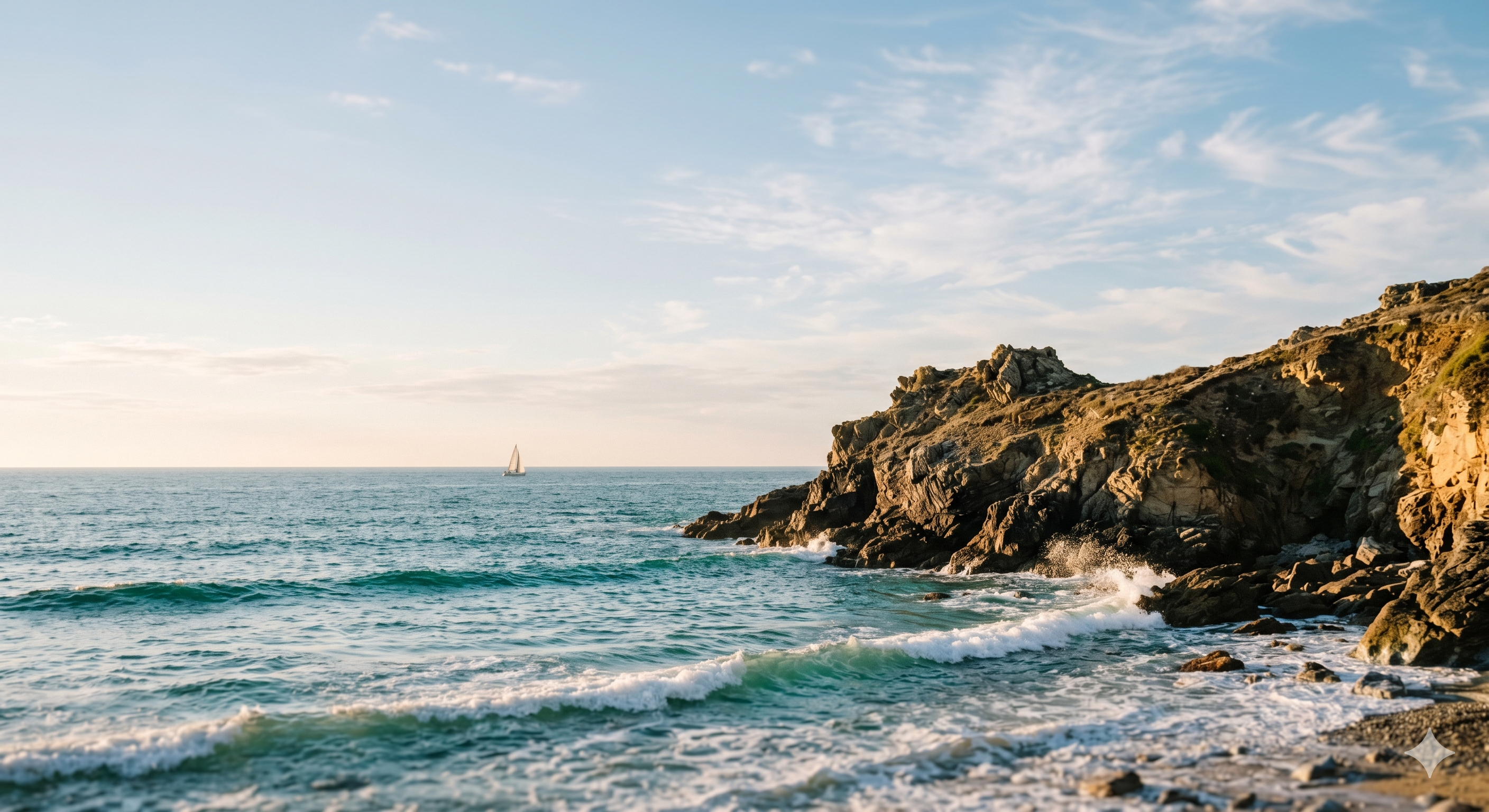 A Gemini-generated coastal scene. The watermark sits in the bottom-right corner over the rocks and surf, and the cleaner blends it back into the shoreline.