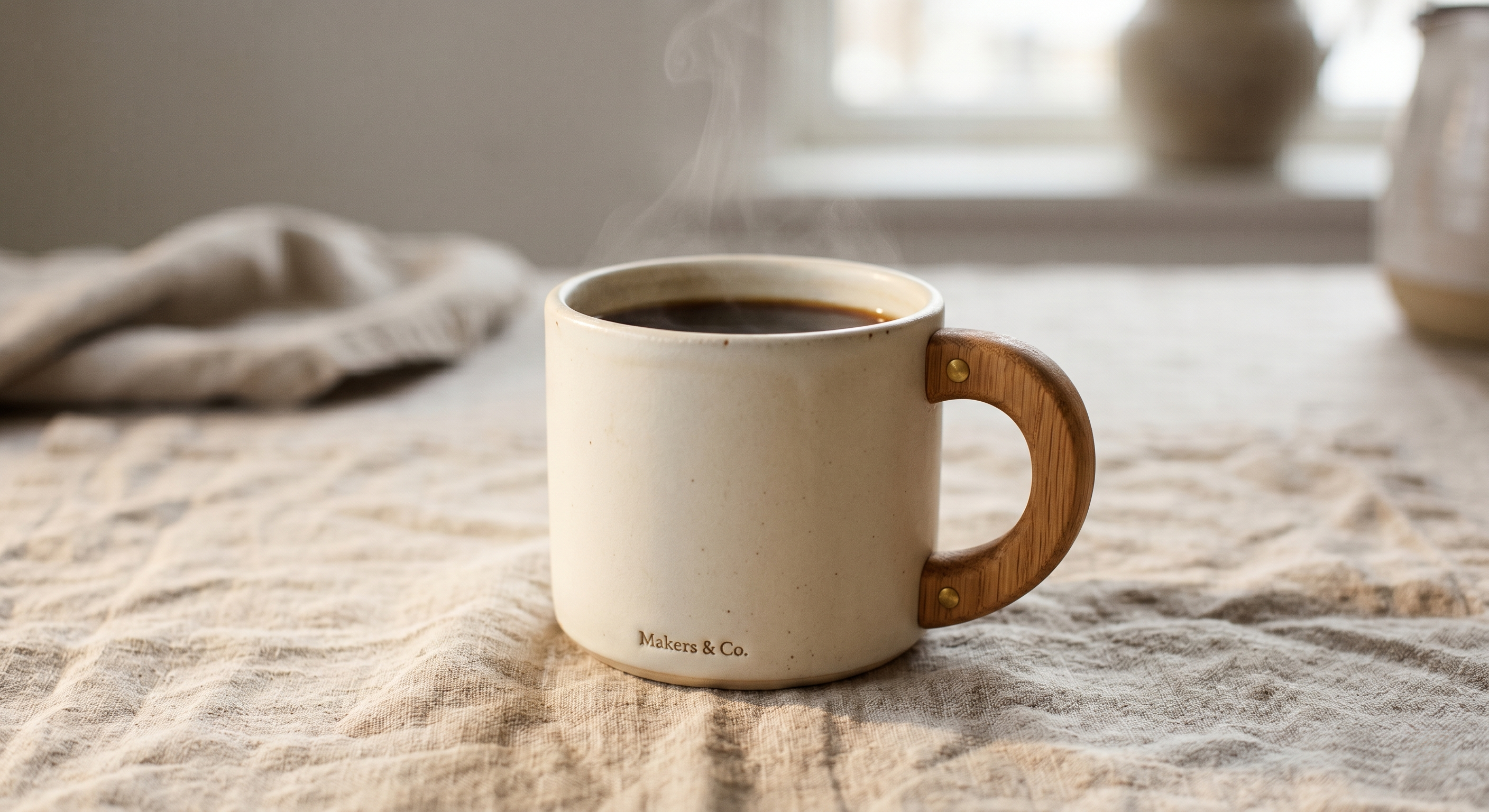 A product mock-up of a mug on linen. The watermark sits in the bottom-right corner on the cloth, and the cleaner leaves the weave looking natural.