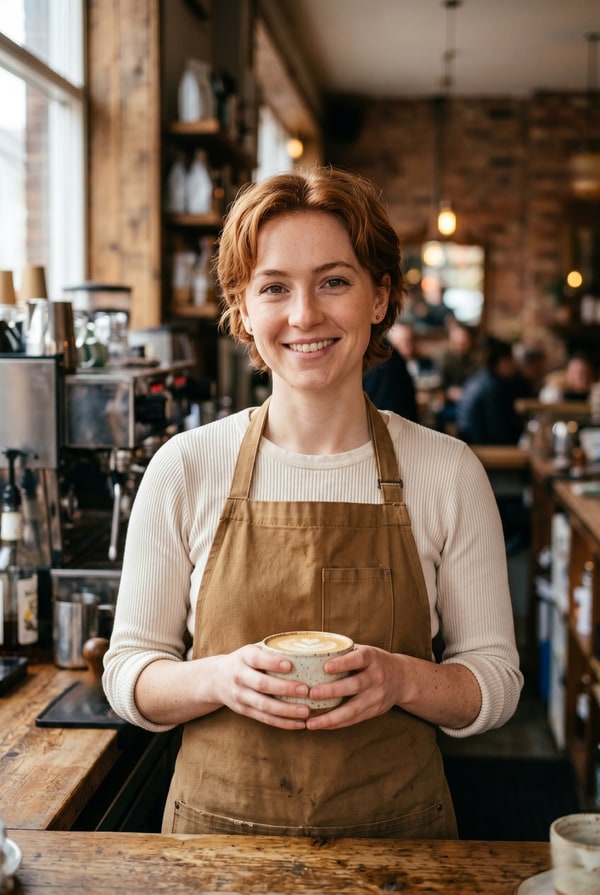 A 1073 by 1600 portrait of a barista resizes to 600 by 895 for a profile-card thumbnail.