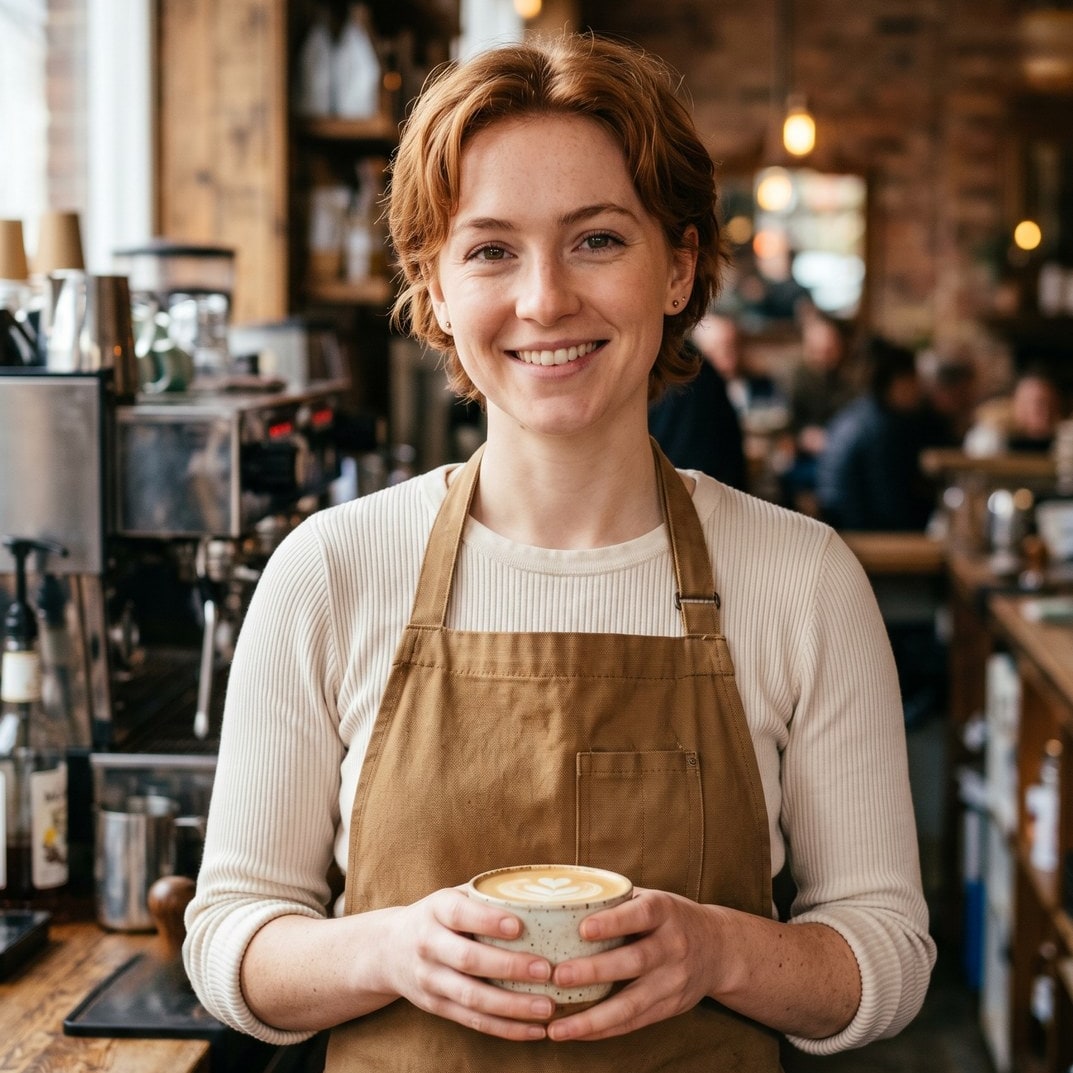 A portrait of a barista before and the same portrait cropped to a 1:1 square that keeps her face centred after.