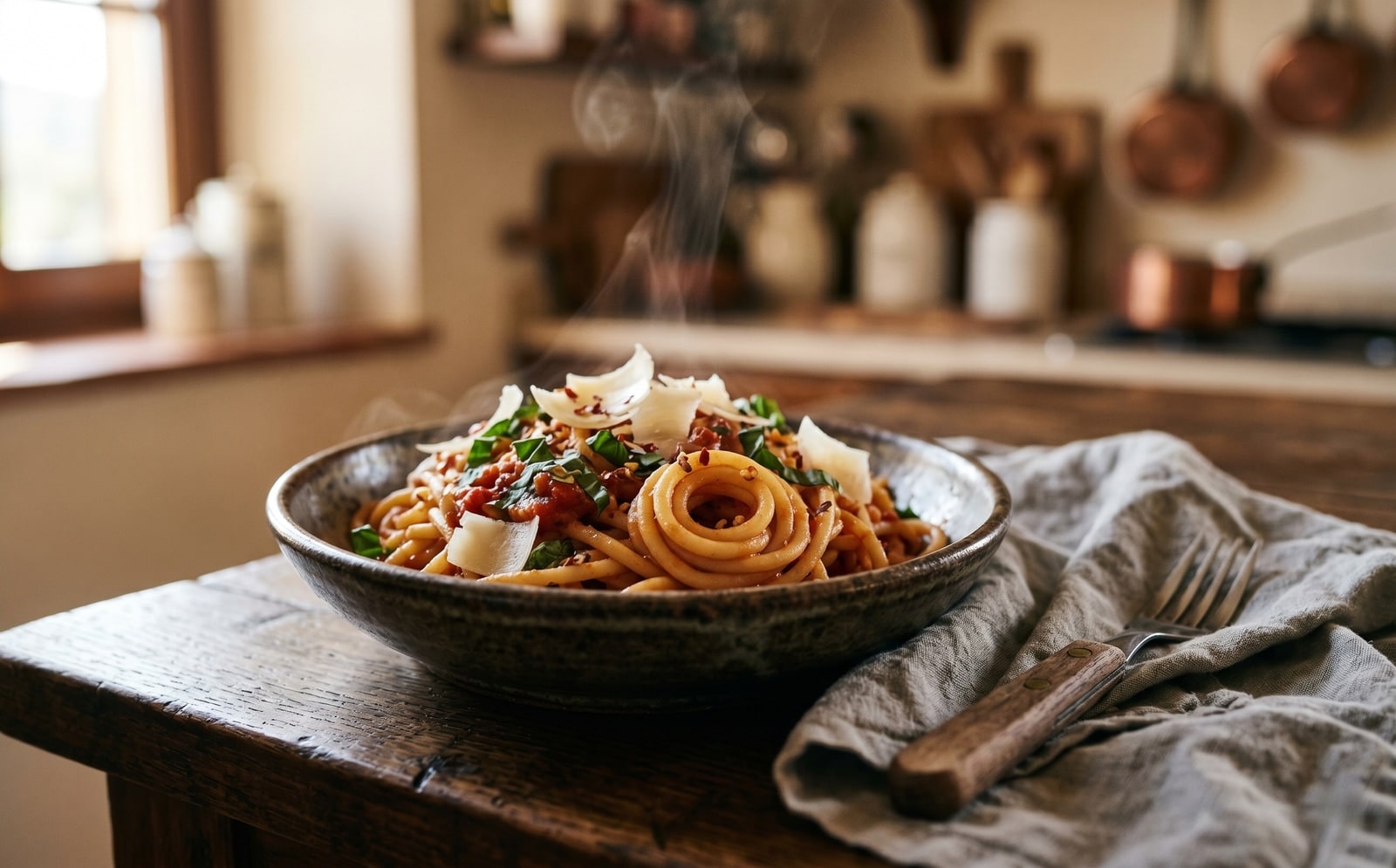 A wide food photograph trims to a square that keeps the bowl and basil sprig centred.