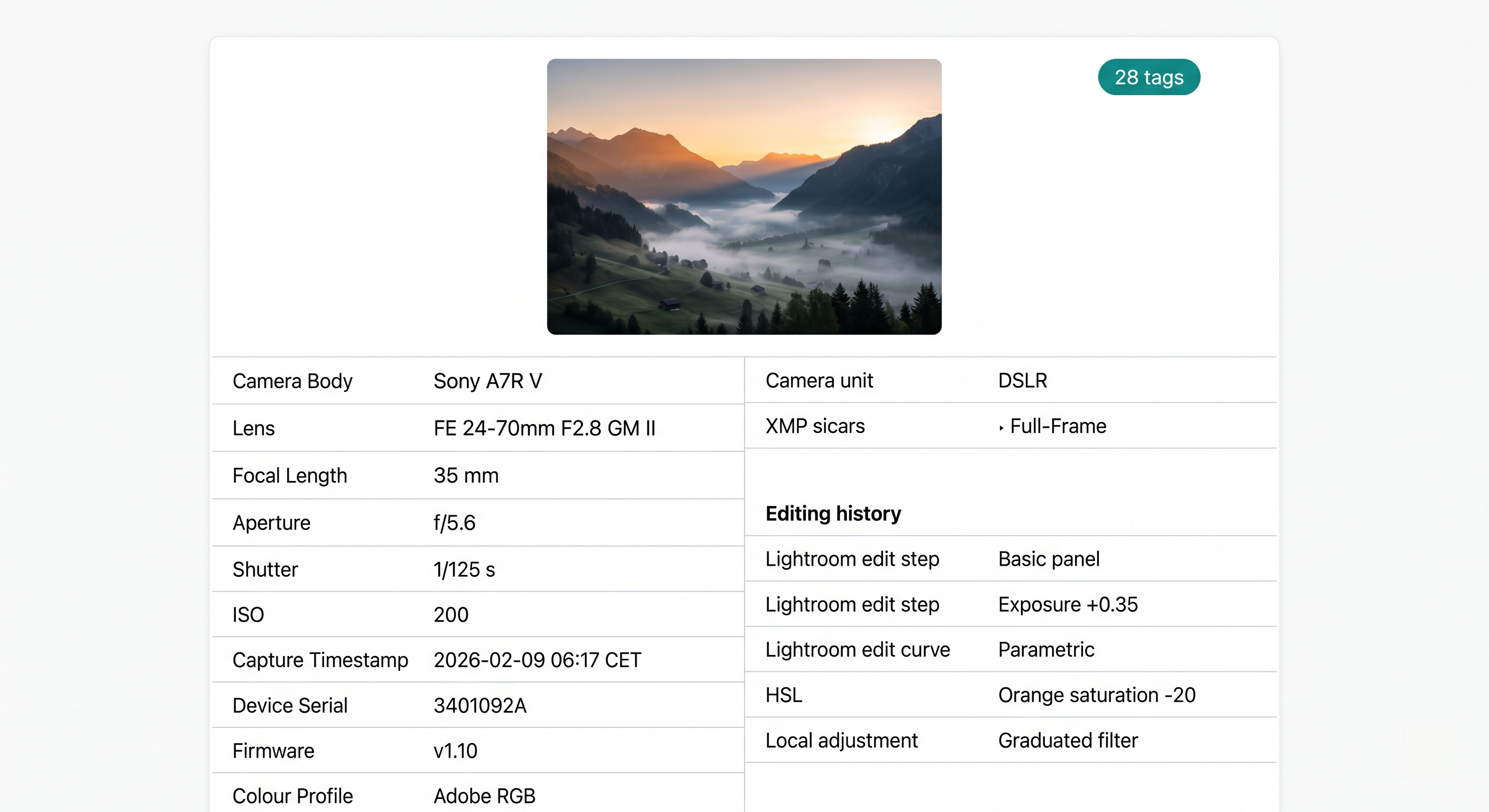 A DSLR capture with device serial, lens model, and XMP editing history is stripped clean.