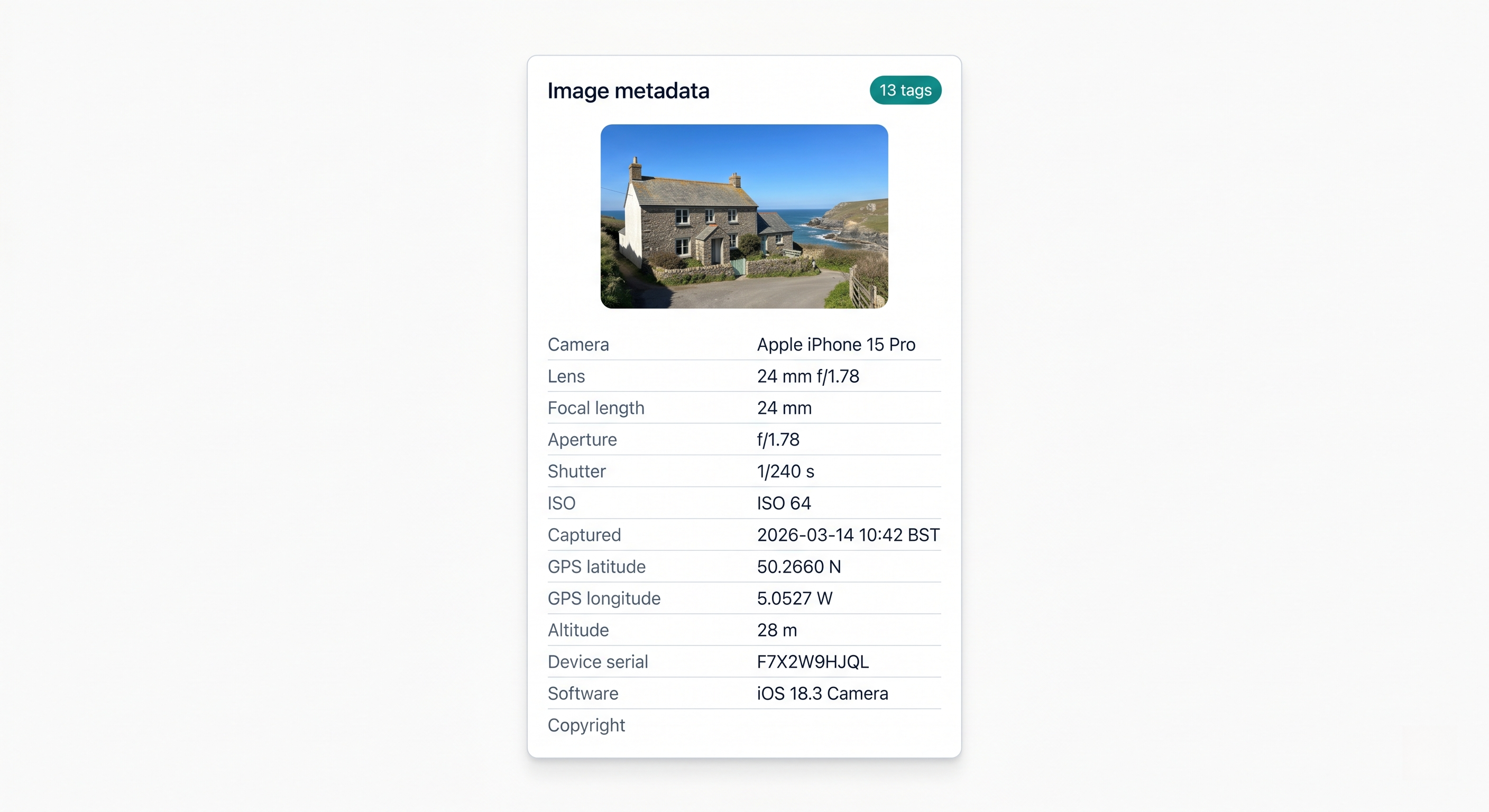 Side-by-side EXIF viewer showing GPS and device metadata before, empty after.
