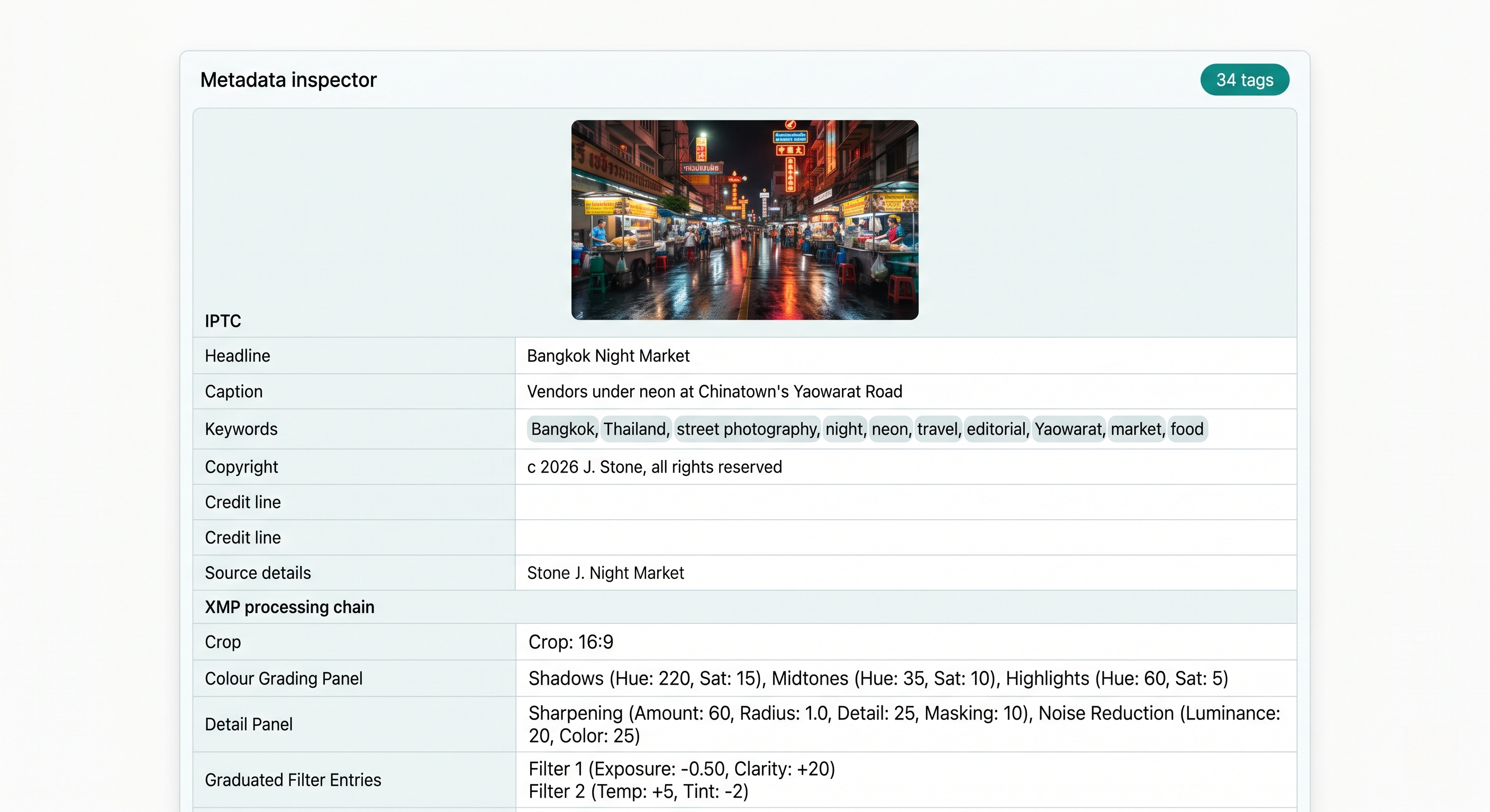 A Lightroom export loses the full IPTC keyword list and XMP processing chain, keeping pixels untouched.