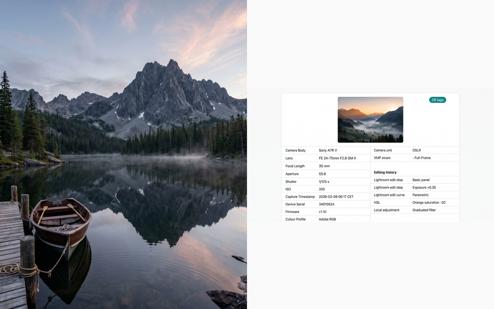 A DSLR landscape carries lens, focal length, ISO, and a full editing history from Lightroom.