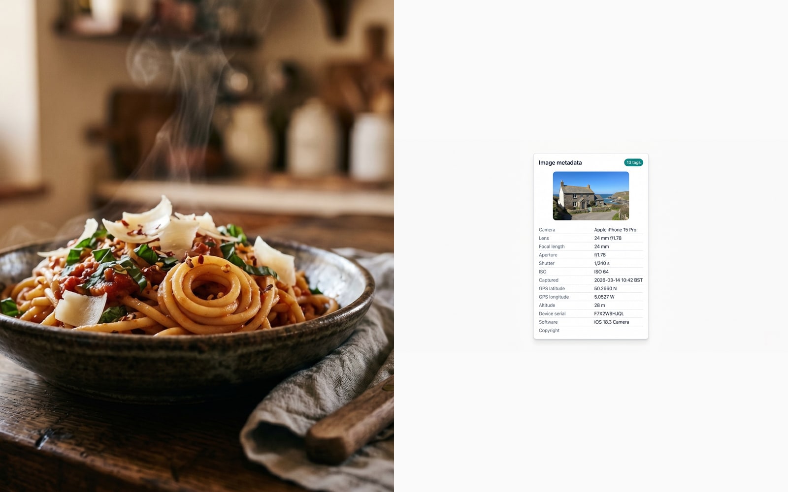 A food photograph on its own, then the same photograph alongside a metadata panel listing GPS, camera, and timestamp tags.