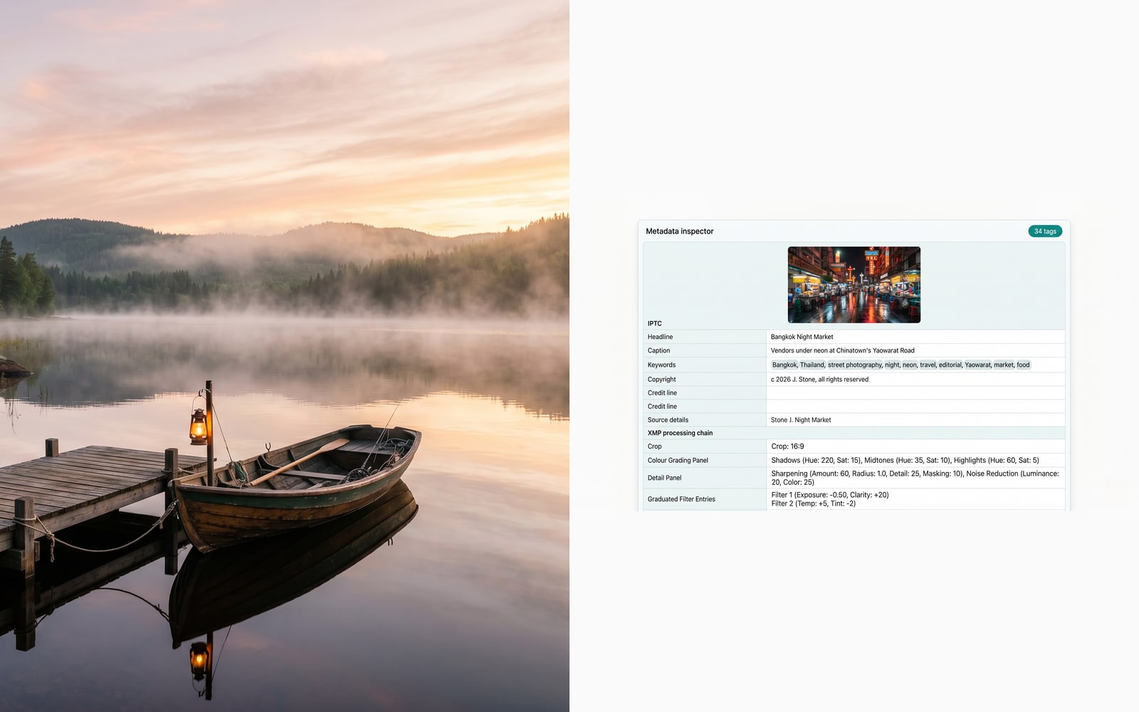 A travel photograph shows the IPTC caption, keyword list, and the XMP processing chain side by side.